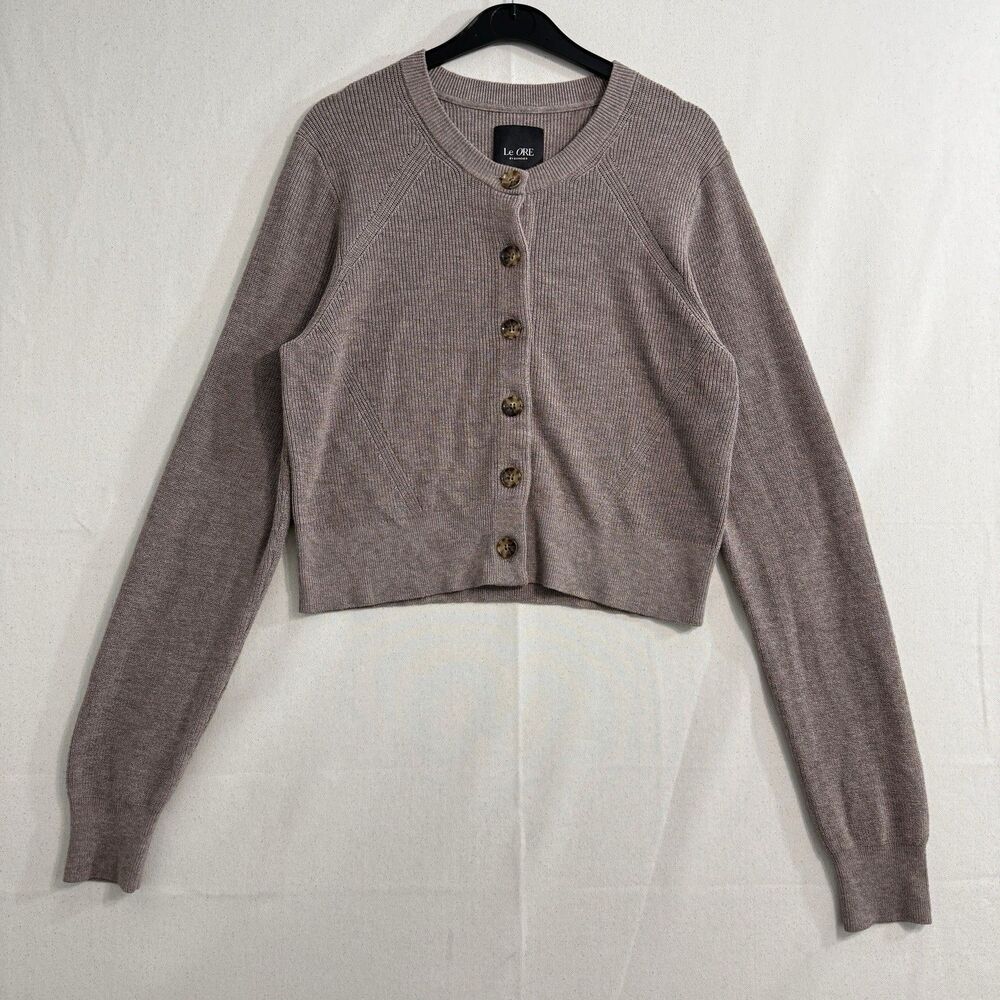 Le Ore Women Cardigan Brown Striped V-Neck Button Size Large
